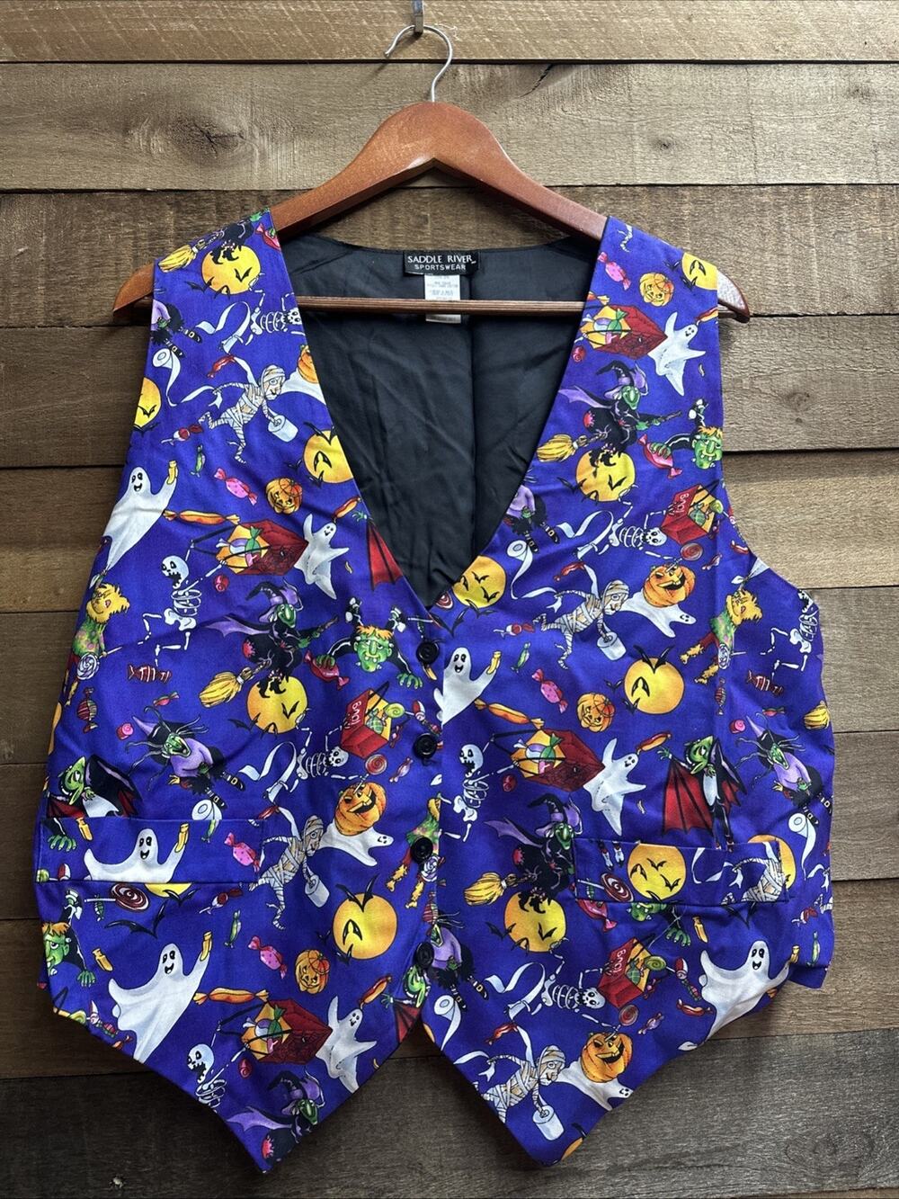 Saddle River Halloween Purple Vest, Sz Large, Skeletons Pumpkins Ghosts Witches